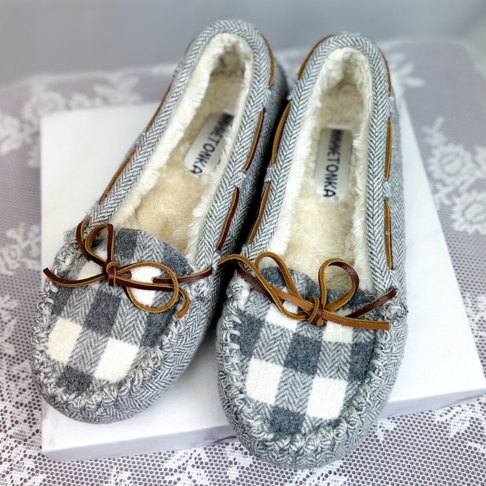 Minnetonka Cozy Wool Slippers Grey Herringbone Faux Fur Lining Slip On Shoe - Picture 3 of 8